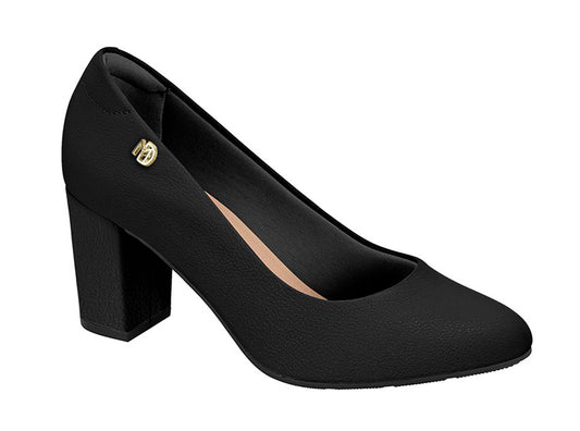 Product shot of a black women's  block-heeled pump featuring a textured upper, gold-toned logo, and a slightly rounded toe
