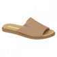 Product shot of a beige Grendene slide sandal featuring a textured woven upper a gold logo and a flat brown sole
