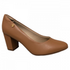 Product shot of a tan leather women's low block heel pump featuring a gold logo and subtly textured surface against a white background
