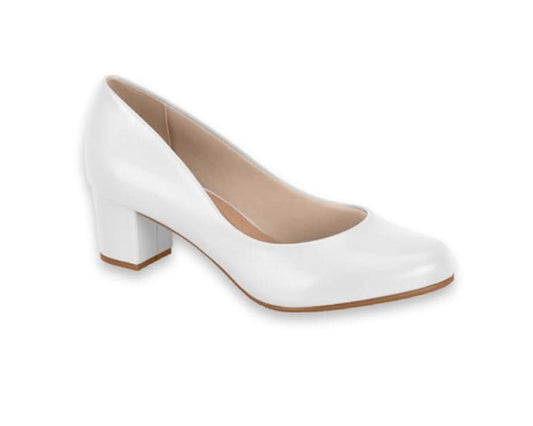 Product shot of a white leather women's low heel pump with a square toe and a light beige insole showcasing simple elegance and a classic design
