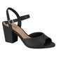 Product shot of a black leather Olivia K women's peep-toe heeled sandal with gold buckle and a chunky block heel showcasing its smooth texture and simple design
