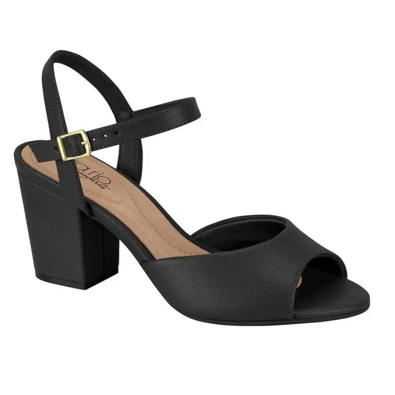 Product shot of a black leather Olivia K women's peep-toe heeled sandal with gold buckle and a chunky block heel showcasing its smooth texture and simple design

