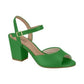 A vibrant green peep-toe sandal with a chunky heel and gold buckle features a sleek design and comfortable insole
