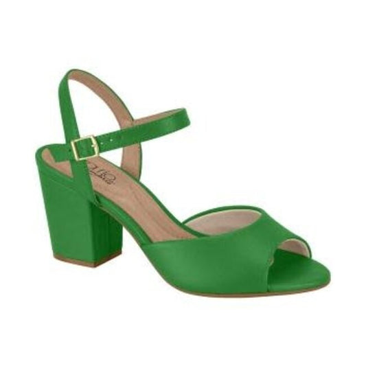 A vibrant green peep-toe sandal with a chunky heel and gold buckle features a sleek design and comfortable insole
