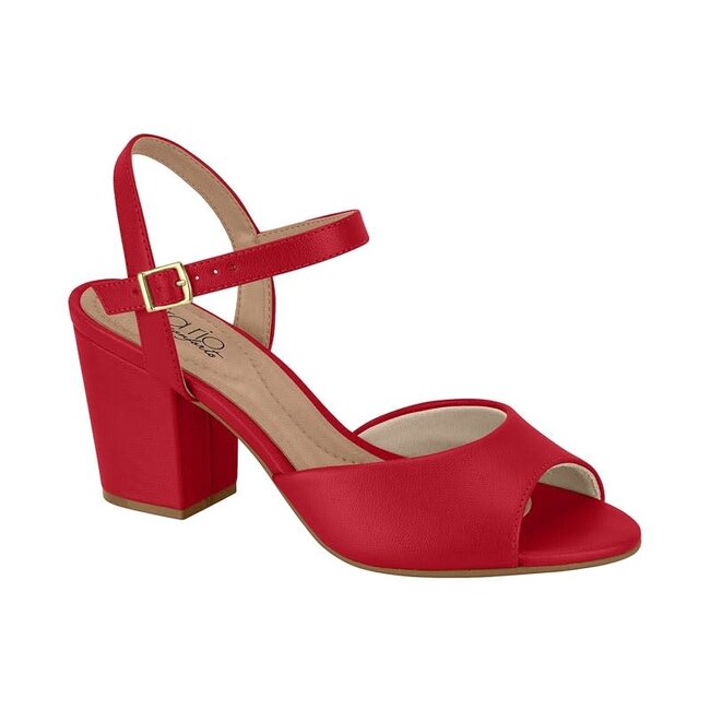 Product shot of a red Vizzano women's peep-toe heeled sandal featuring a gold buckle adjustable ankle strap and a chunky block heel showcasing vibrant color and sleek design
