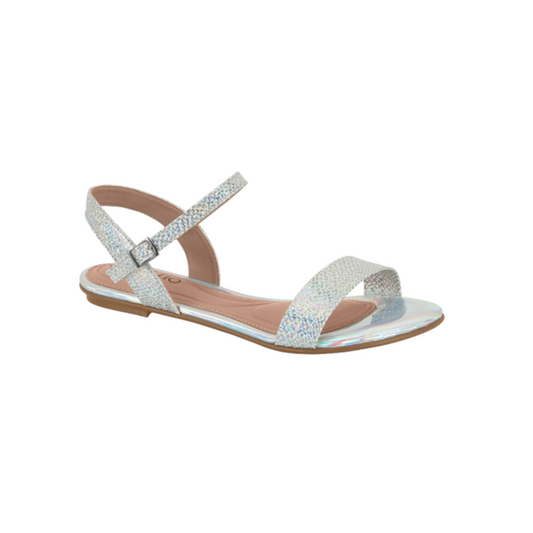 Product shot of a silver sparkly women's sandal featuring a buckle closure and iridescent accents on a flat sole
