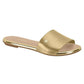 Product shot of a Beira Rio gold metallic leather slide sandal featuring a gold trim and logo detail
