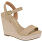 Vizzano beige leather wedge sandal with a gold buckle and espadrille-weave platform sole
