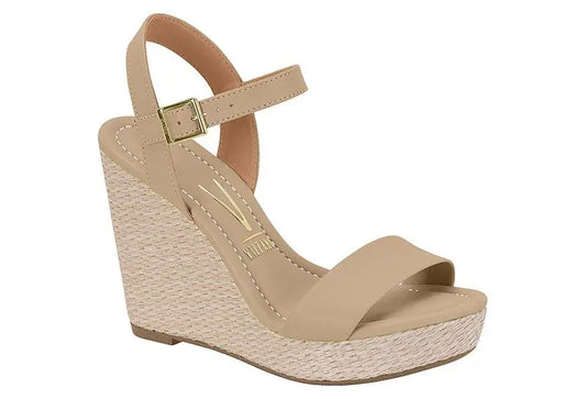Vizzano beige leather wedge sandal with a gold buckle and espadrille-weave platform sole

