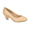 Product shot of a beige women's low heeled pump with a slightly rounded toe and subtle wedge heel featuring a smooth creamy finish and a light brown sole
