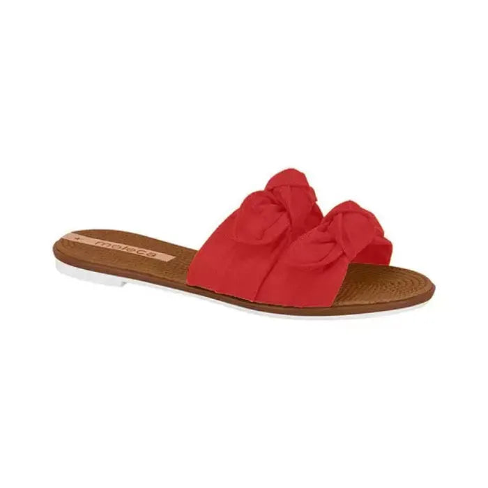 Moleca red fabric slide sandal with double bow detail featuring a light brown sole and white trim
