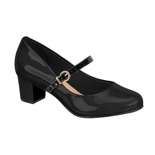 Product shot of a black patent leather women's Mary Jane style heeled shoe featuring a gold buckle and a rounded toe
