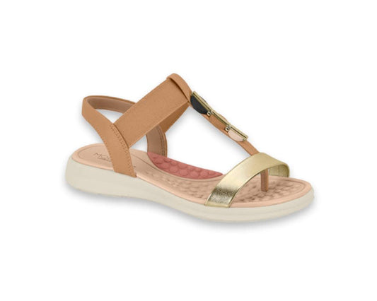 Product shot of a tan and gold women's sandal featuring a  t-strap design a cushioned footbed and small metallic accents
