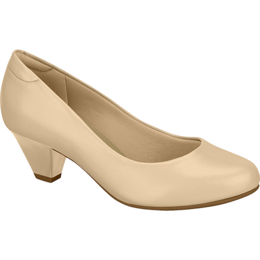 Product shot of a beige women's low heel pump featuring a rounded toe and subtly textured insole
