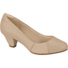 Product shot of a beige women's low heel featuring a subtle quilted pattern and a rounded toe
