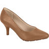 Product shot of a light brown women's  pointed-toe pump featuring a delicate floral cutout pattern a subtle beige insole and a kitten heel
