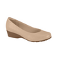 Product shot of a beige perforated wedge shoe with a brown sole featuring a round toe and subtle textured detailing
