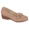 Product shot of a blush-pink wedge loafer featuring a dainty bow gold accents and a textured sole
