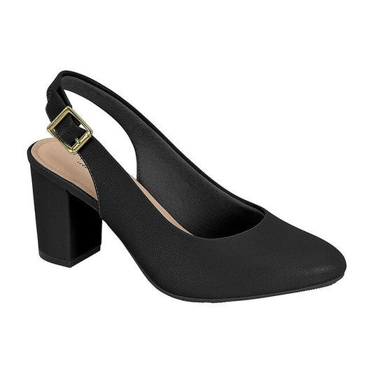Product shot of a black slingback pump with a gold buckle and a chunky heel featuring a textured upper and beige insole
