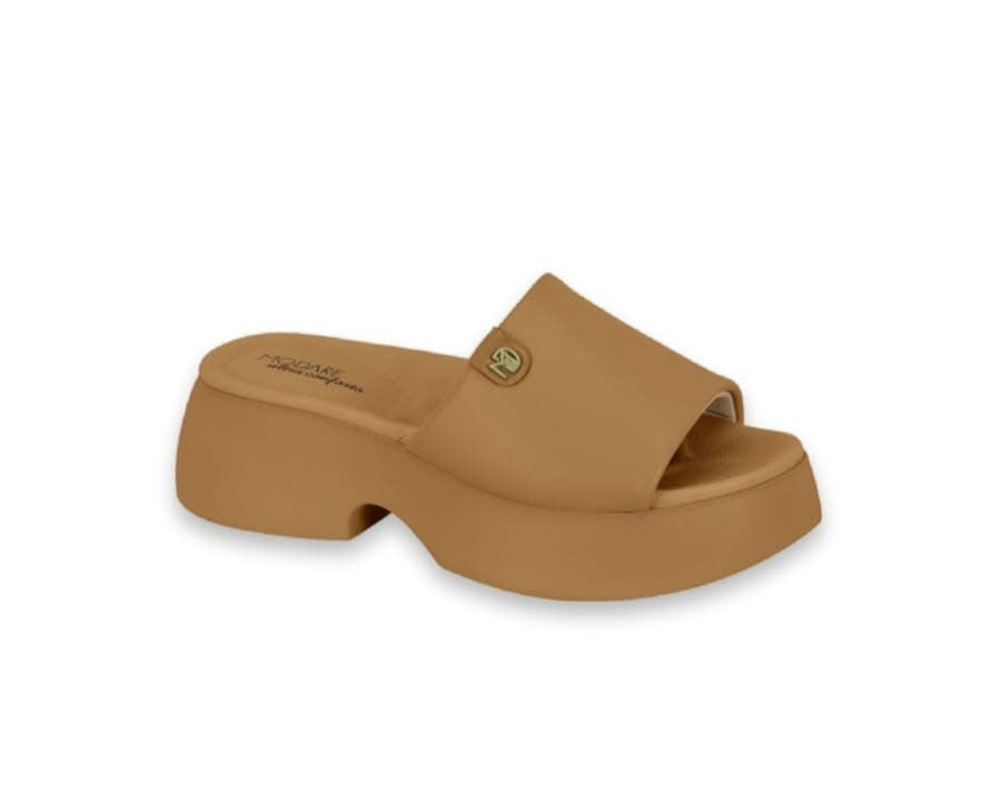 Product shot of a tan Modare platform slide sandal featuring a gold logo and a chunky sole
