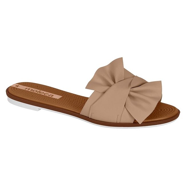 Moleca beige slide sandal with a large knotted bow detail featuring a brown sole and white platform
