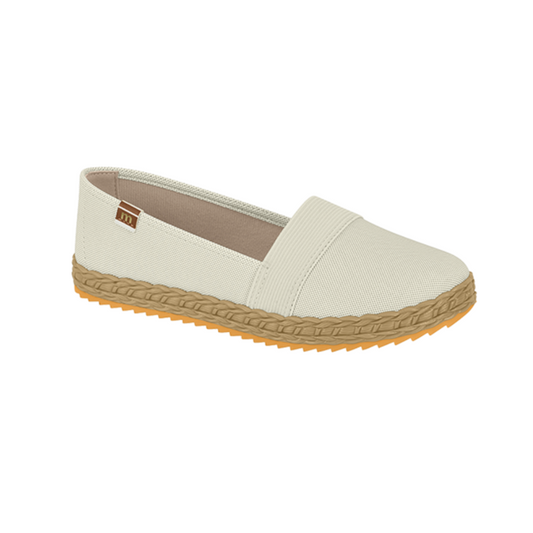 Product shot of a beige canvas espadrille with a braided jute sole and orange trim featuring a small brown logo
