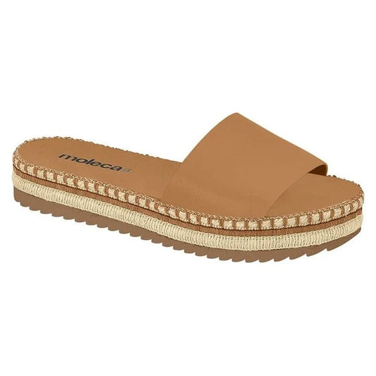 Moleca tan espadrille slide sandal featuring a light beige braided trim and a textured sole
