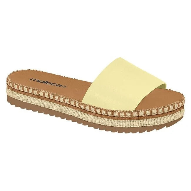 Moleca pastel yellow espadrille sandal featuring a brown insole and jute trim showcasing a textured sole and stitched detailing
