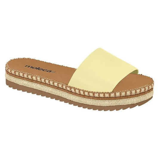 Moleca pastel yellow espadrille sandal featuring a brown insole and jute trim showcasing a textured sole and stitched detailing
