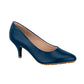 Product shot of a dark blue women's low kitten heel pump featuring a slightly pointed toe and a tan-colored sole
