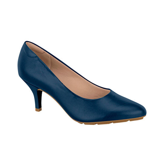 Product shot of a dark blue women's low kitten heel pump featuring a slightly pointed toe and a tan-colored sole
