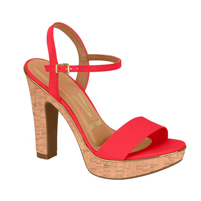 Vizzano women's bright red cork platform sandal with gold trim and ankle strap featuring a high heel
