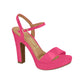 Vizzano hot pink platform sandal with ankle strap and gold buckle featuring a chunky heel and glossy finish
