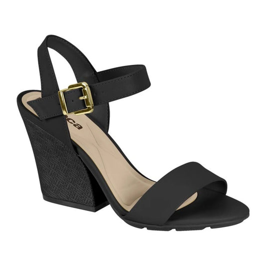 Product shot of a black women's sandal with a gold buckle and textured block heel featuring a beige insole and a simple design

