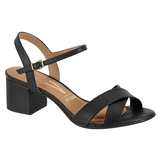 Vizzano black leather crisscross ankle strap low heeled sandal with gold buckle and tan insole
