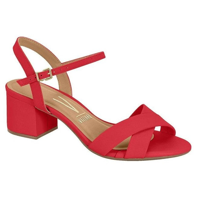 Product shot of a Vizzano red women's sandal featuring a block heel, crisscross straps and gold buckle detail
