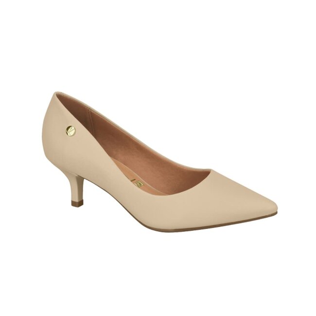Product shot of a beige women's kitten heel pump featuring a pointed toe gold accent and a subtle low heel
