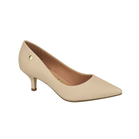 Product shot of a beige women's kitten heel pump featuring a pointed toe gold accent and a subtle low heel
