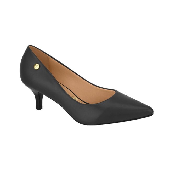 Product shot of a black leather women's kitten heel pump featuring a gold accent and pointed toe showcasing a sophisticated design
