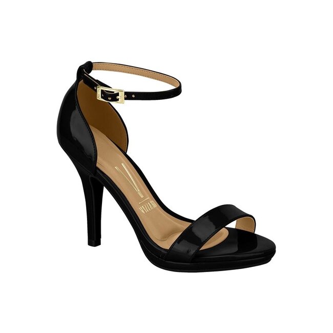 Product shot of a Vizzano black patent leather stiletto sandal with gold buckle and insole detail featuring a sleek design and high heel