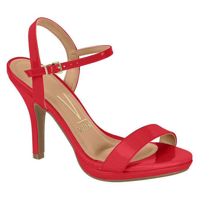 Vizzano red patent leather heeled sandal featuring a gold buckle and platform sole showcasing a stylish design
