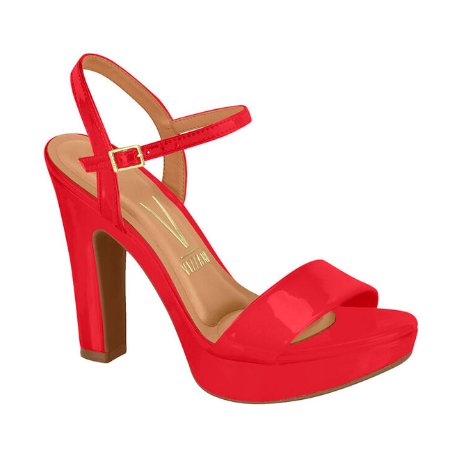 Vizzano red patent leather platform sandal with ankle strap and chunky heel featuring a gold logo and vibrant glossy finish
