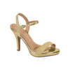 Vizzano gold glitter women's heeled sandals featuring a metallic platform and ankle buckle showcasing a textured upper and slender stiletto heel
