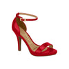 Product shot of a Vizzano red patent leather stiletto sandal with a gold buckle and beige insole on a white background
