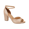 Product shot of a rose gold glitter Vizzano peep-toe heeled sandal featuring an ankle strap and metallic trim showcasing a chunky heel and delicate buckle

