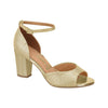 Product shot of a gold glitter Vizzano peep-toe heeled sandal featuring a buckled ankle strap and metallic gold toe cap showcasing a sparkly texture and a chunky heel
