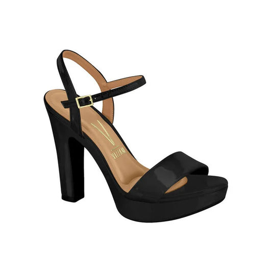 Vizzano black patent leather platform sandal with gold buckle and insole detail featuring a chunky heel
