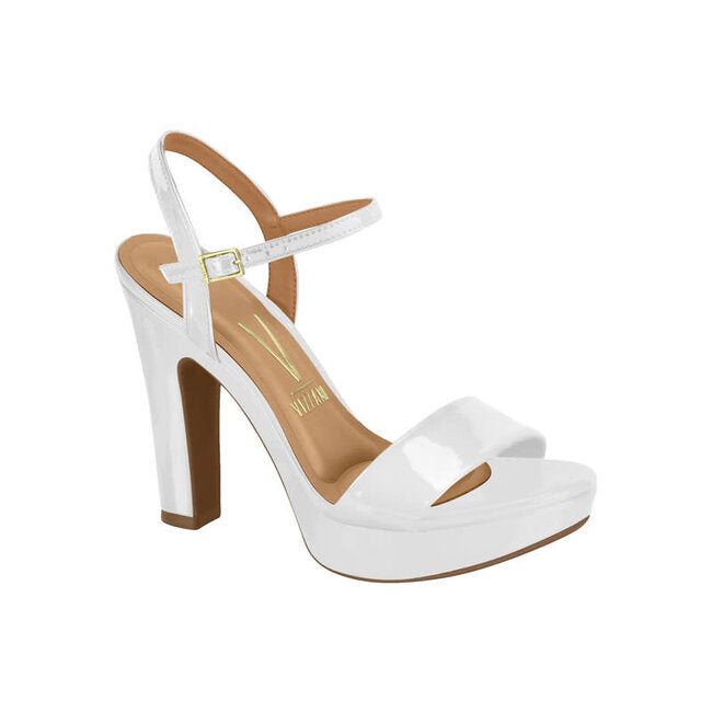 Vizzano white platform sandal featuring a glossy finish, gold buckle, and a chunky heel
