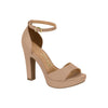 Vizzano beige platform sandal featuring a chunky heel ankle strap and gold buckle detail
