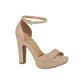 Vizzano beige platform sandal with ankle strap featuring a gold buckle and subtle platform sole showcasing a peep toe design
